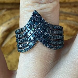 Natural Blue Diamond Sterling Silver Chevron Ring Size 6